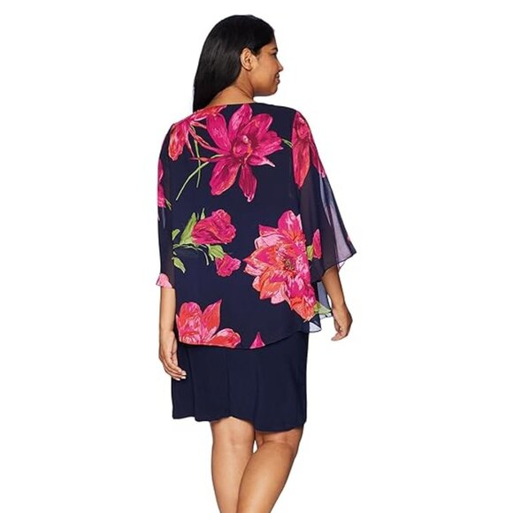 Tiana B Women's Printed Floral Chiffon Mock Overlay Kimono Dress w/Necklace - Picture 11 of 14